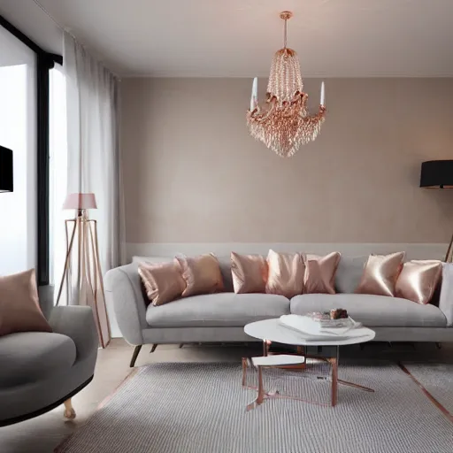 Image similar to 3 d render of white living room with rose gold metallic accents