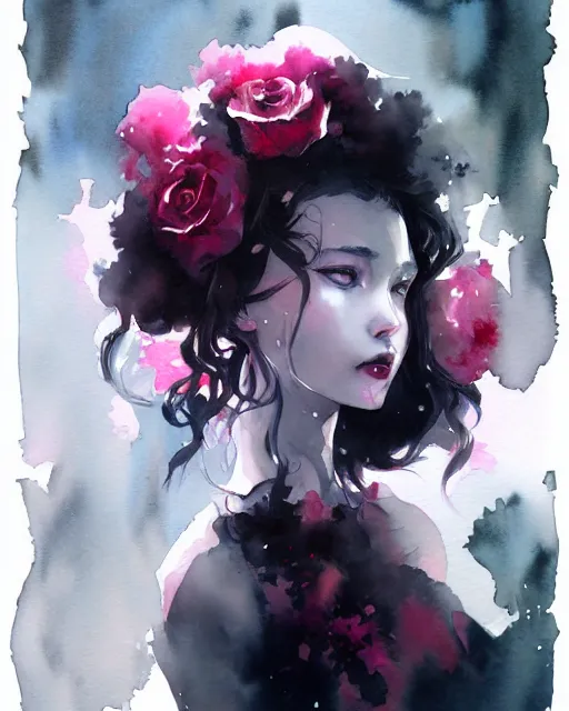 Prompt: Black rose queen, fantasy watercolor portrait by WLOP, artstation