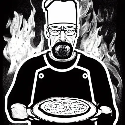 Prompt: very detailed black and white pencil sketch of walter white cooking a pizza with a blowtorch