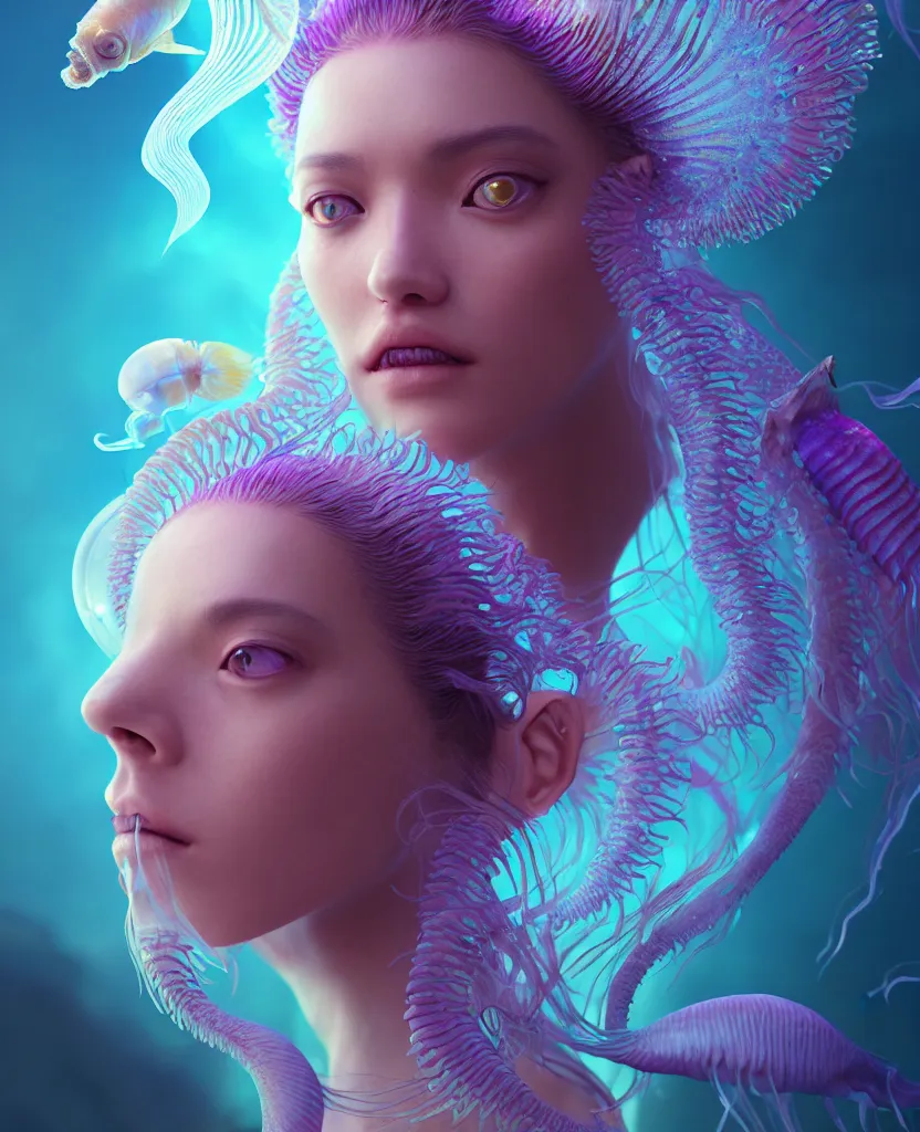 Image similar to goddess close-up portrait. orchid jellyfish phoenix head, nautilus, skull, betta fish, bioluminiscent creatures, intricate artwork by Tooth Wu and wlop and beeple. octane render, trending on artstation, greg rutkowski very coherent symmetrical artwork. cinematic, hyper realism, high detail, octane render, 8k