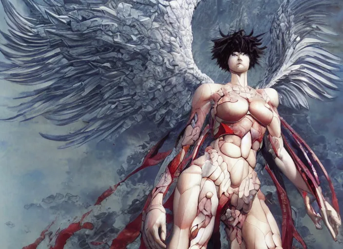 Image similar to monumental angel by yoshitaka amano, katsuhiro otomo, and erik jones, inspired by akira anime, smooth texture, intricate oil painting, high detail illustration, sharp high detail, manga and anime 1 9 9 9