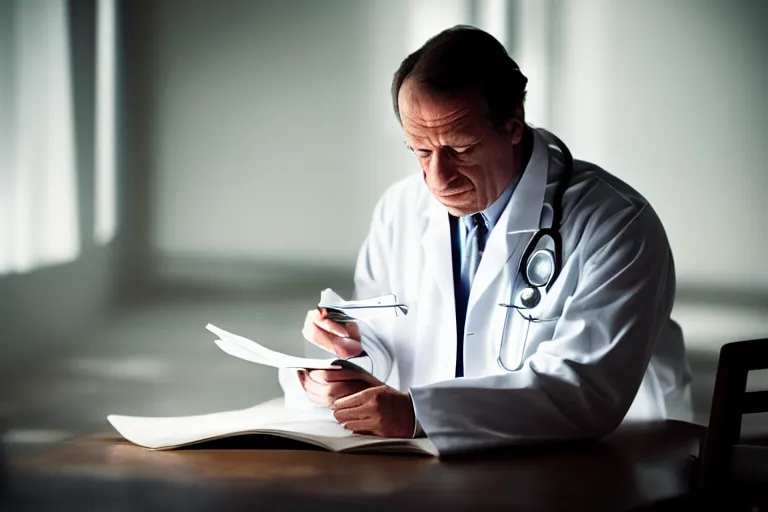 Prompt: a cinematic headshot portrait of an doctor reading his notes, moody lighting, movie still, shallow depth of field, muted colors, by werner herzog