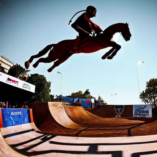 Prompt: roman horse-drawn chariot racer high jumping in a skate park half-pipe, video game cover, intense, high detail, crowd cheering, style of Tony Hawk