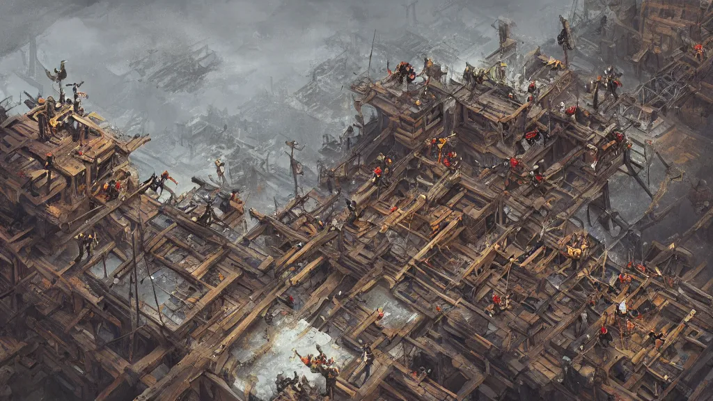 Prompt: top down view of lumberyard with lumberjacks, papyrus, watercolored, jakub rozalski, dark colours, dieselpunk, artstation