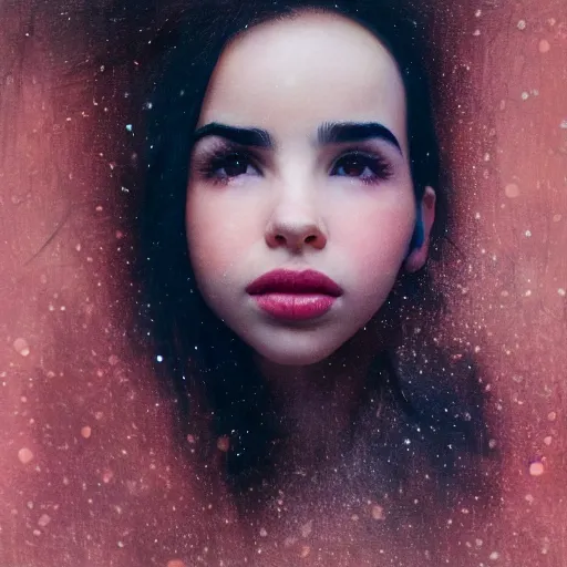 Prompt: cinematic portrait of sofia carson, perfect face, neon rain, delicate, elegant, by alyssa monks, highly detailed, symmetrical face, fine details, masterpiece, trending on artstation