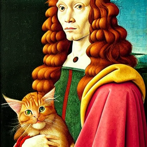 Image similar to beautiful renaissance painting portrait of ginger maine coon by sandro botticelli, jan van eyck, tiziano vecelli, piero della francesca