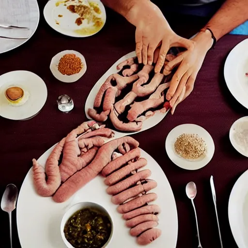 Image similar to a plate full of cooked human body parts on the table of a fancy restaurant by Carlos Santiago,