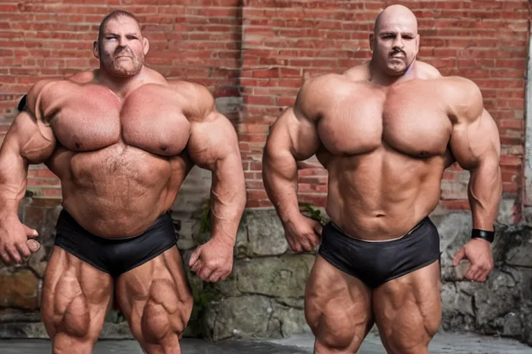 Image similar to strong muscle bulldogs facing directly at the camera outside