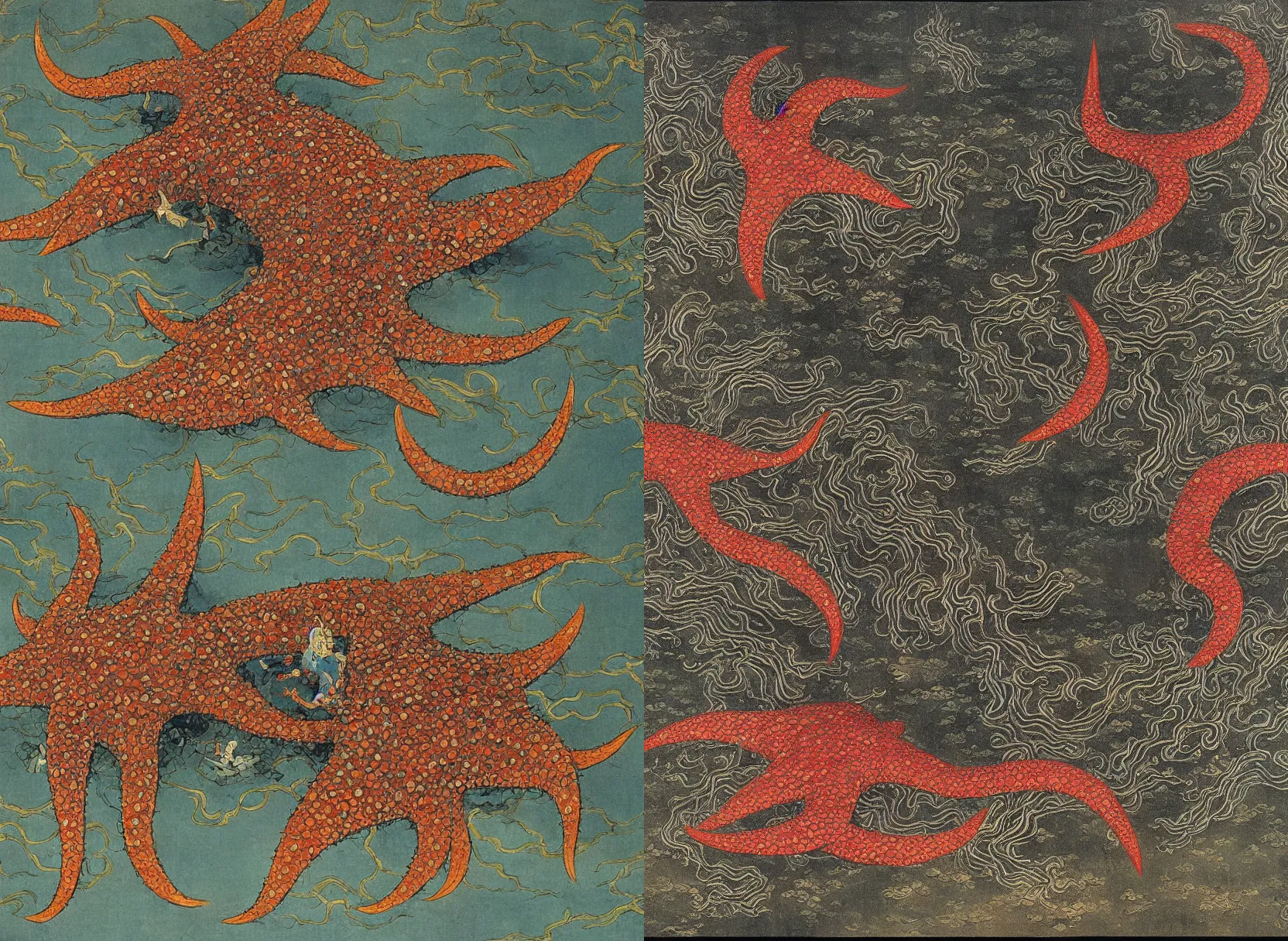 Prompt: a goryeo budhist painting of Pulgasari the Kaiju Starfish Monster, dramatic cinematography by Andrei Tarkovsky