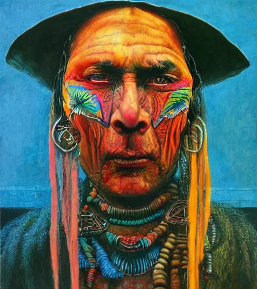 Image similar to Portrait painting in a style of Beksinski mixed with Alex Grey of an old shaman dressed in a colorful traditional clothes.