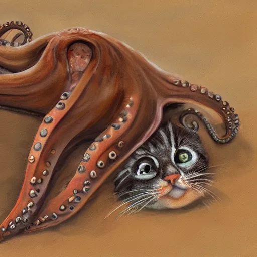 Image similar to octopus and cats fighting for life, digital paintingl