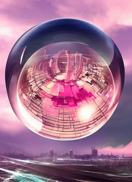 Prompt: a futuristic city inside of a glass sphere, distant pink clouds, a cave in the style of sahm