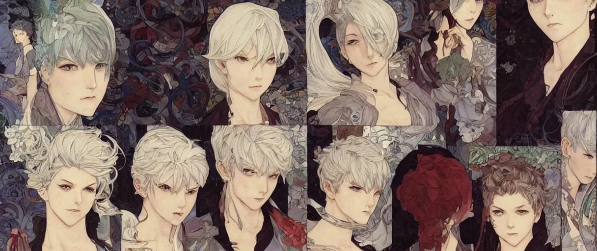 Image similar to character face study, multiple angles, directions and moods. faces only, girl with white hair, concept art finely detailed perfect art, painted by shigenori soejima, krenz cushart, alphonse mucha, takato yamamoto, conrad roset, pinterest, cevagraf comics