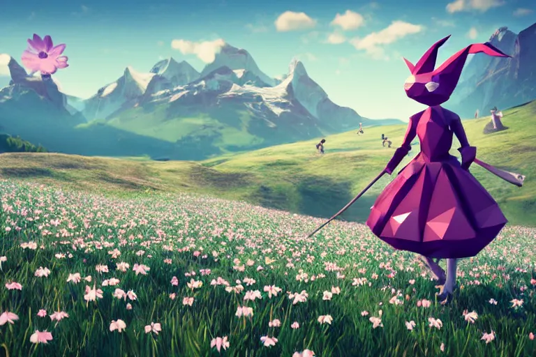 Prompt: lowpoly ps 1 playstation 1 9 9 9 running anthropomorphic lurantis maid wearing witch hat standing in a field of daisies, swiss alps in the distance digital illustration by ruan jia on artstation