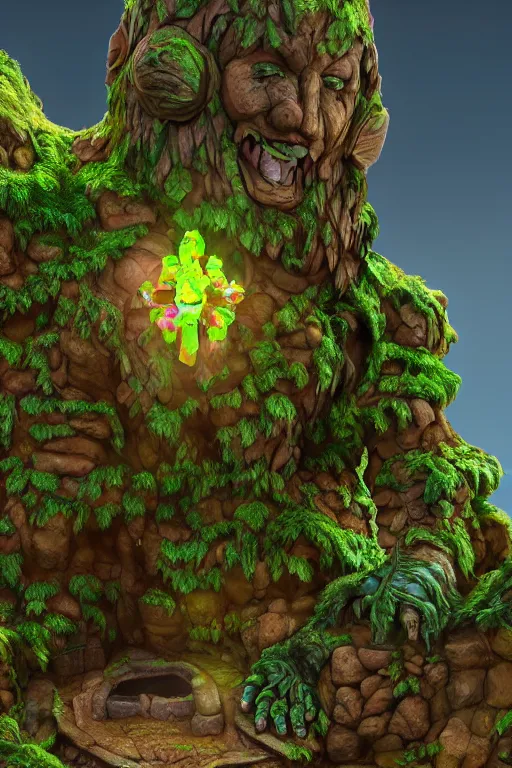 Image similar to zelda fantasy art giant golem elemental wood rock greeble gemstone enchanted forest troll, global illumination ray tracing hdr fanart arstation by sung choi and eric pfeiffer and gabriel garza and casper konefal bastion forged hardmesh lisa frank zbrush central radiating a glowing aura global illumination ray tracing hdr volume light