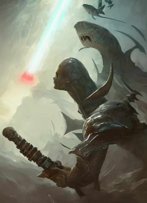 Prompt: side portrait of a shark knight holding a double bladed lightsaber, fantasy, d & d, heartstone, digital painting, volumetric light, intricate, sharp, focus, bloom, illustration, highly detailed, concept art, matte, ruan jia, randy vargas, greg rutkowski