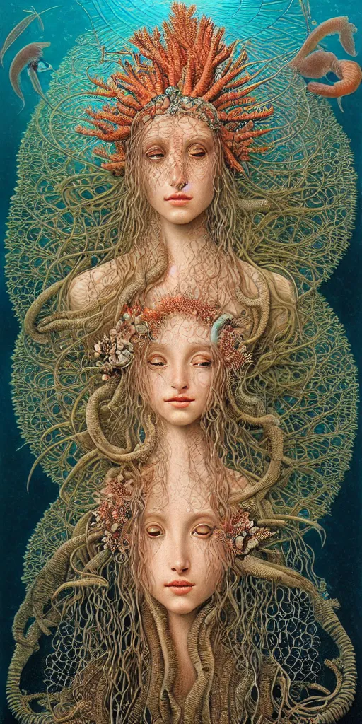 Image similar to realistic detailed underwater portrait of the beutiful young goddess of the fish of the three times with an intricate headdress of corals, sea kelp, sea plants, fish, jellyfish, art by ernst haeckel, zdzisław beksinski, gothic, neo - gothic, ornamental,