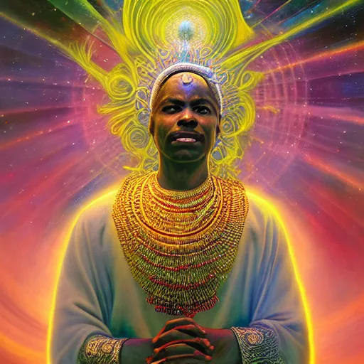 Image similar to obatala the cosmic god sitting on a throne of nebula clouds, by Adi granov and thomas blackshear and afarin sajedi in a psychedelic portrait style, matte painting, volumetric lighting, piercing eyes, detailed face, orisha, 8k, hd