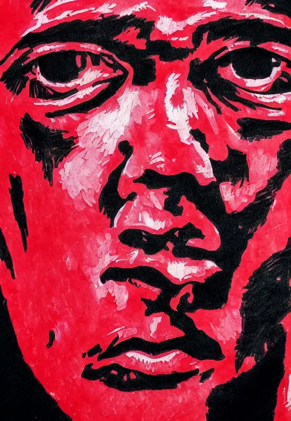 Prompt: close up. perfect symmetric face, coherent symmetric eyes. detailed face. portrait of tony montana from movie scarface. high detailed. red and black ink paint