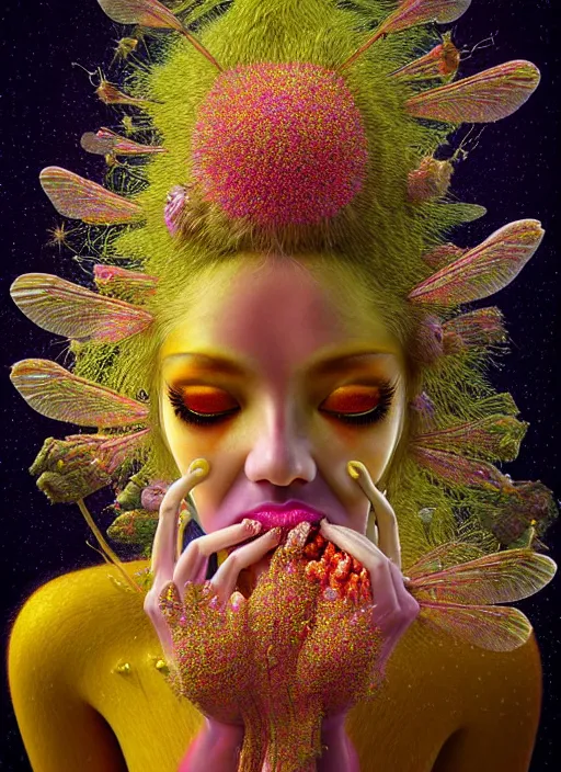 Image similar to hyper detailed 3d render like a Oil painting - kawaii half visceral portrait Aurora (gold haired Singer Praying Mantis Dragonfly) seen Eating of the Strangling network of yellowcake aerochrome and milky Fruit and Her gilded compound eyes delicate Hands hold of gossamer polyp blossoms bring iridescent fungal flowers whose spores black the foolish stars by Jacek Yerka, Mariusz Lewandowski, Houdini algorithmic generative render, Abstract brush strokes, Masterpiece, Edward Hopper and James Gilleard, Zdzislaw Beksinski, Mark Ryden, Wolfgang Lettl, hints of Yayoi Kasuma, octane render, 8k