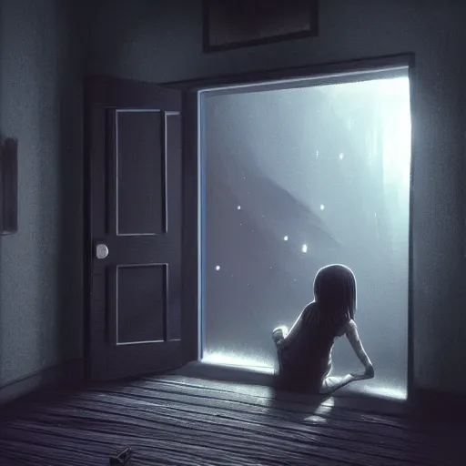 Image similar to a highly detailed matte painting of a dark black room at night, the door is almost closed and light shines through a gap by studio ghibli, makoto shinkai, by artgerm, by wlop, by greg rutkowski, volumetric lighting, octane render, 4 k resolution, trending on artstation, masterpiece