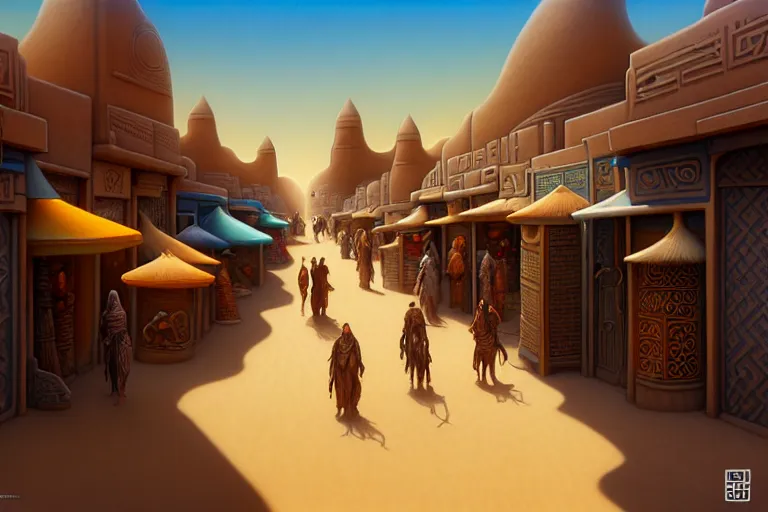 Prompt: isometric view of a highly detailed bazaar street in the dune city of tyr from the land of athas, amazing dark sun digital painting, by gerald brom, brom digital art, intricate details, ultra realistic, beautiful art, volumetric lighting, warm colors advance cool colors recede, by brom, trending cgsociety, artstation, rim lighting, 8 k