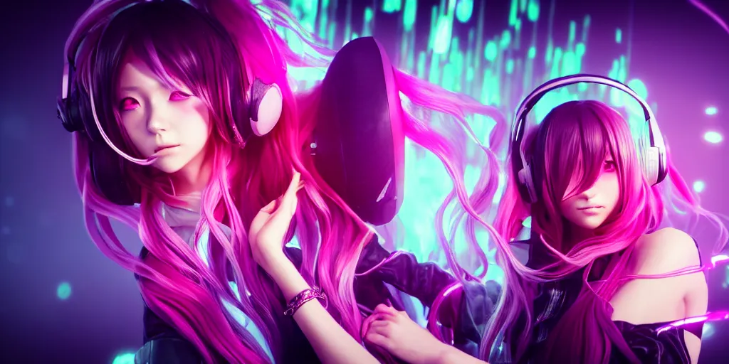 Image similar to beautiful portrait of a woman with pastel long hair floating in the air with her eyes open facing the camera hands forward centered with studio headphones on in the style of a code vein character, momo from twice in code vein in the style of WLOP, artgerm, yasutomo oka, rendered in unreal engine and redshift octane , background is surrounded by epic neon glitch effect digital art dynamic dramatic lighting, soft lighting, imagine fx, artstation, cgsociety, by Bandai Namco artist,