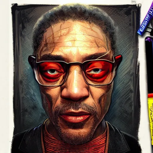 Prompt: portrait of Giancarlo Esposito as a Stranger Things villain, bloody, sinister, intricate, headshot, highly detailed, digital painting, artstation, concept art, sharp focus, illustration, art by artgerm and greg rutkowski and alphonse mucha