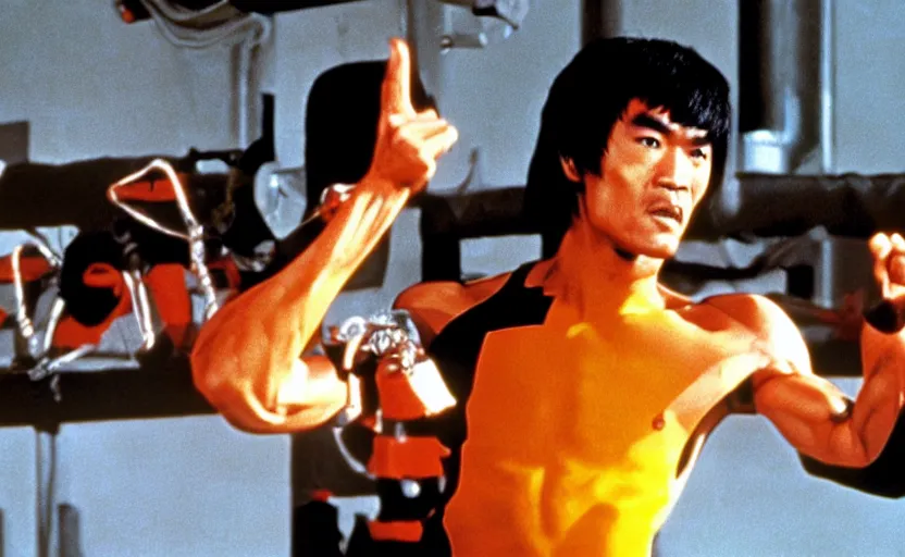 Prompt: 7 0 s movie still of bruce lee with mechanical robotic arms, kodachrome, cinecolor, cinestill, highly detailed, photorealistic, cinematic, film grain,