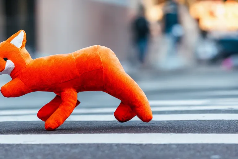 Prompt: A fabric stuffed animal toy fox plushie wagging its tail rapidly while sitting on the sidewalk, dynamic, motion blur, 1/4 shutter speed, award winning photography