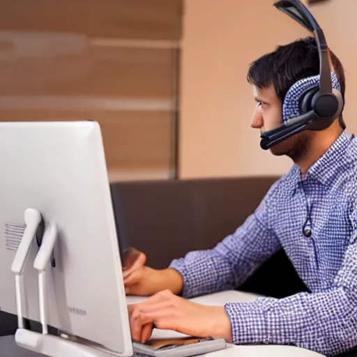 Prompt: the typical reddit moderator, using their computer while wearing a headset