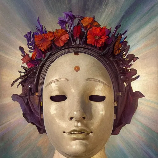 Image similar to masterpiece painting of a facemask made of stylized flowers, by annie swynnerton and jean delville and tino rodriguez and john watkiss, flower mask, art deco shaman, symbolist, dramatic lighting, god rays, elaborate geometric ornament, photorealism, modern realism, clean crisp graphics, soft cool colors, smooth, sharp focus, extremely detailed