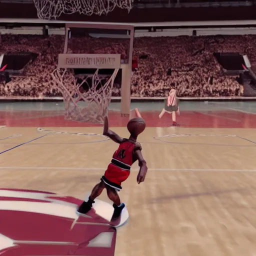 Image similar to small goblin dunking on Michael Jordan in basketball 3d render