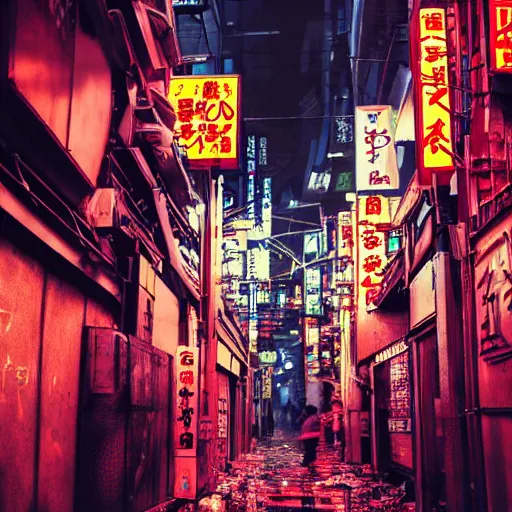 Prompt: hd, realistic, 4 k wide establishing shot of a tokyo alleyway, crowded, zombies, vertical neon signs, cyberpunk, ominous, threatening