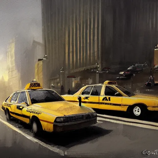 Prompt: a couple of taxis waiting for gas by greg rutkowski