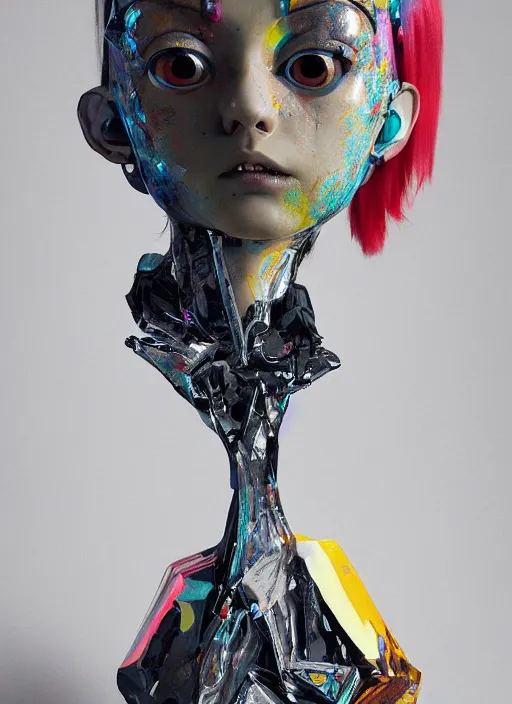 Prompt: professional art magazine photograph of a surreal contemporary art sculpture of a very attractive modular yorha android, by hikari shimoda, by jack gaughan