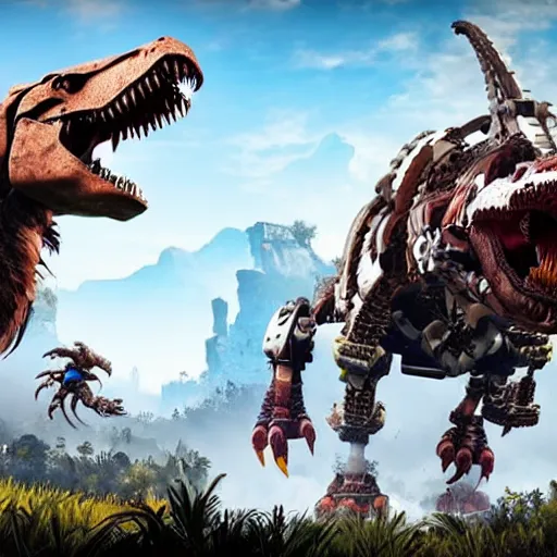 Prompt: gameplay of horizon zero dawn, six - fi mechanical tyrannosaurus rex, highly detailed