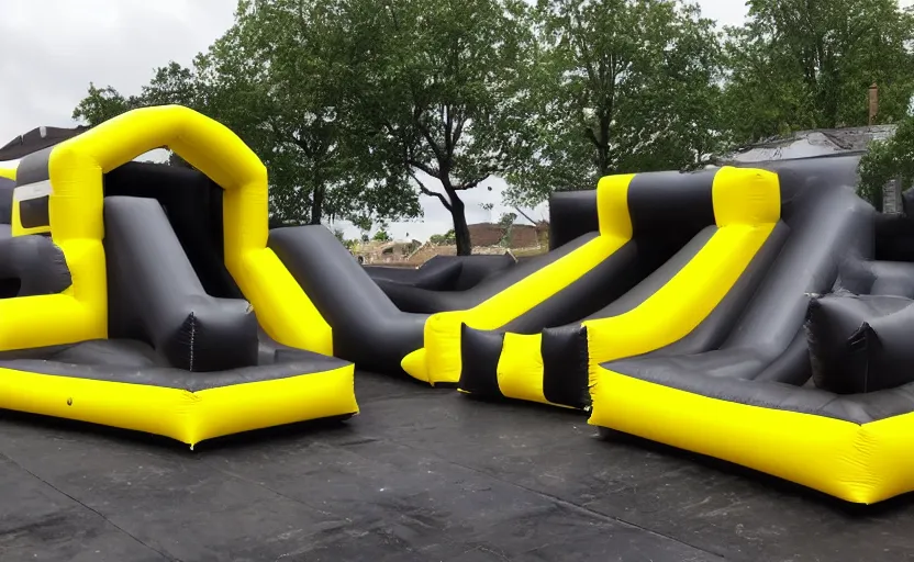 Prompt: a giant black, grey and yellow inflatable slide