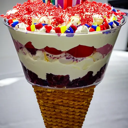 Image similar to tallest ice cream sundae trifle ever, surrounded by crowd, flash photography