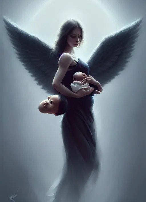 Prompt: beautiful women with wings holding her baby, latina, rule of thirds, haze, intricate, anime, symmetrical!!, makeup, loreal, maybelline, trending on artstation, art by greg rutkowski, filmic, vsco, concept art, artstation, digital painting, elegant, model