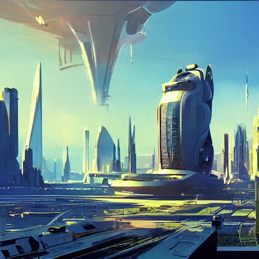 Prompt: Sci-fi cityscape with green gardens, cinematic angle, cinematic lighting, blue sky, sun in the sky, by Syd Mead, John Harris, Federico Pelat