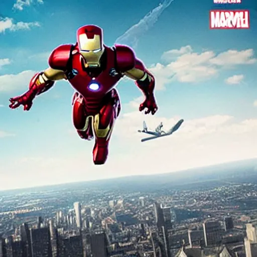 Prompt: thicc ironman has a hard time flying, film still, marvel studios, high budget, funny