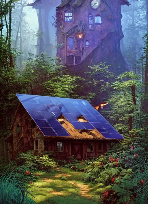 Image similar to hyper realistic witch cottage with solar panels with happy lighting and technology in the woods gorgeous lighting, sunbeams blue sky, lush forest foliage painting by zdzisław beksinski and norman rockwell and greg rutkowski weta studio, and lucasfilm