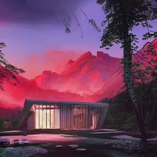 Image similar to modernist house inspired by a tibetan palace between big trees, red clouds, dramatic lighting, artstation, matte painting, raphael lacoste, simon stalenhag, frank lloyd wright, zaha hadid