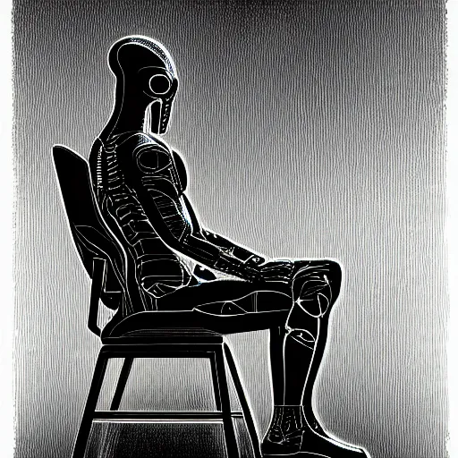 Image similar to a drawing of a person sitting on a chair, cyberpunk art by ernst fuchs, behance contest winner, metaphysical painting, darksynth, fractalism, circuitry, arstation