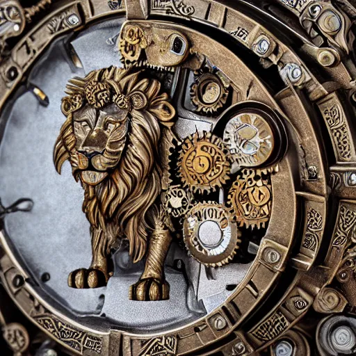 Prompt: A steampunk ornate lion made of engraved full plate armor and gears, Macro shot by Justin Gerard, unreal engine, physically based rendering