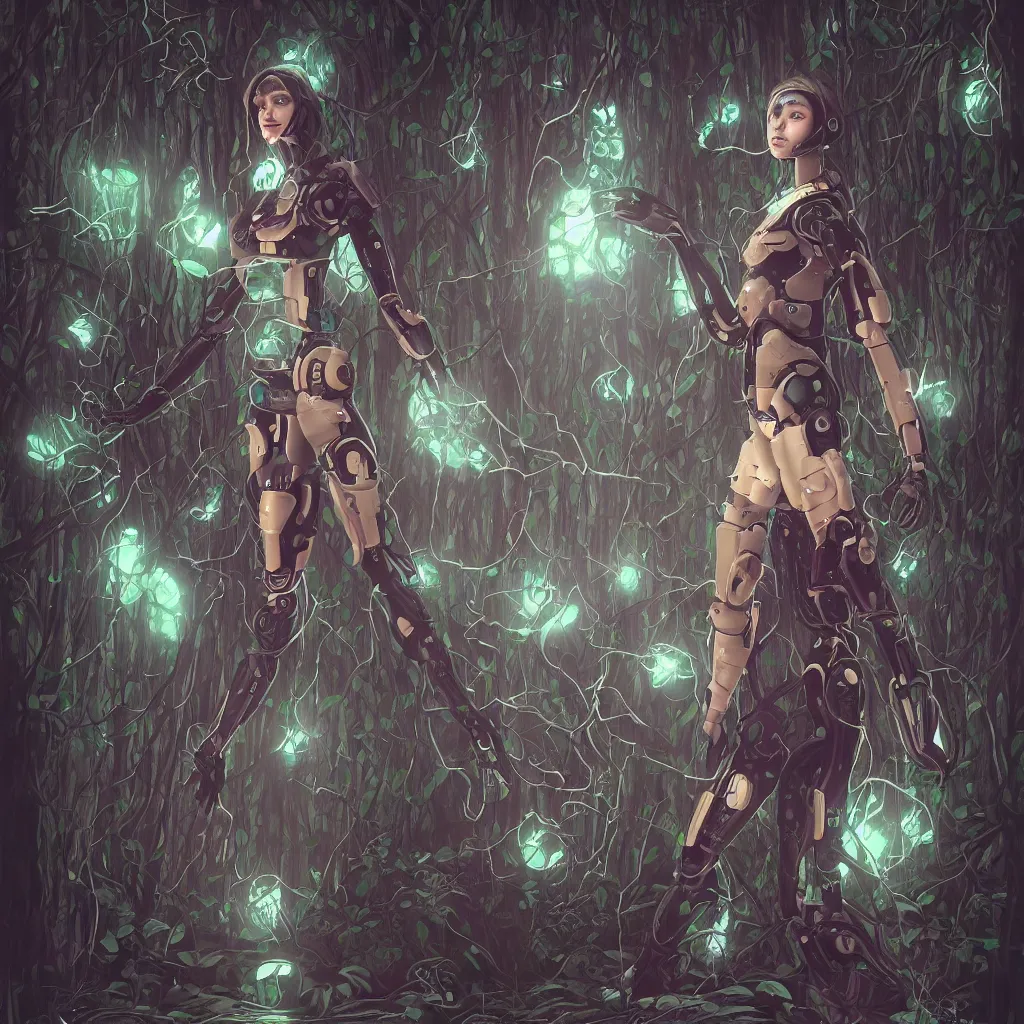 Image similar to portrait of a sci - fi humanoid robot surrounded with floating magical runes, standing in a dark forest, in the style of artgerm