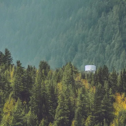 Prompt: sci fi nuclear containment buildings in a steep sided valley with trees and small office buildings, a sense of hope and optimism, birds overhead, stark light, day time, unsplash, national geographic, hd, high res
