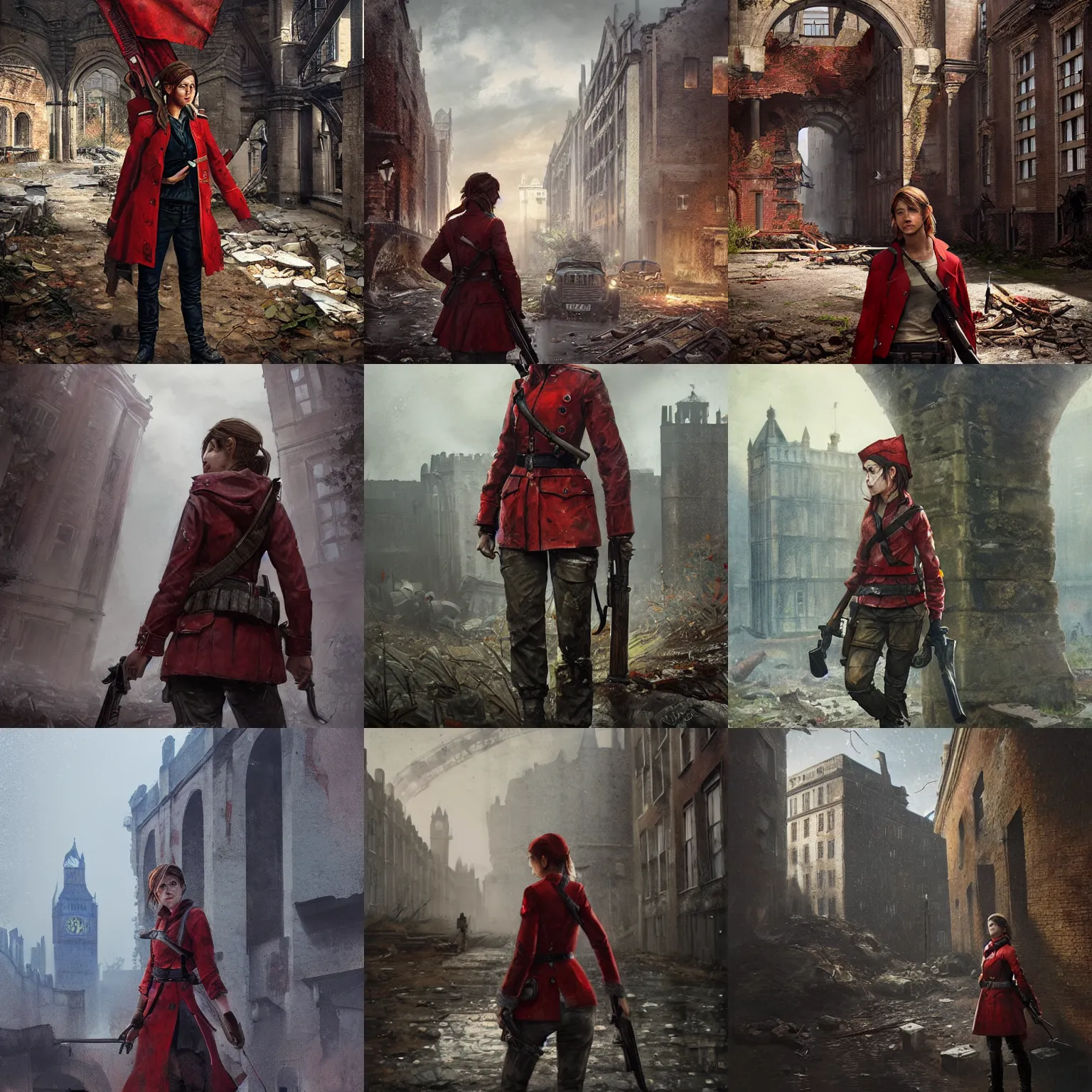 Prompt: Ellie from the Last of Us as a Redcoat soldier, in the ruins of London, digital portrait by Greg Rutkowski, intricate, sharp focus, cinematic, epic, artstation