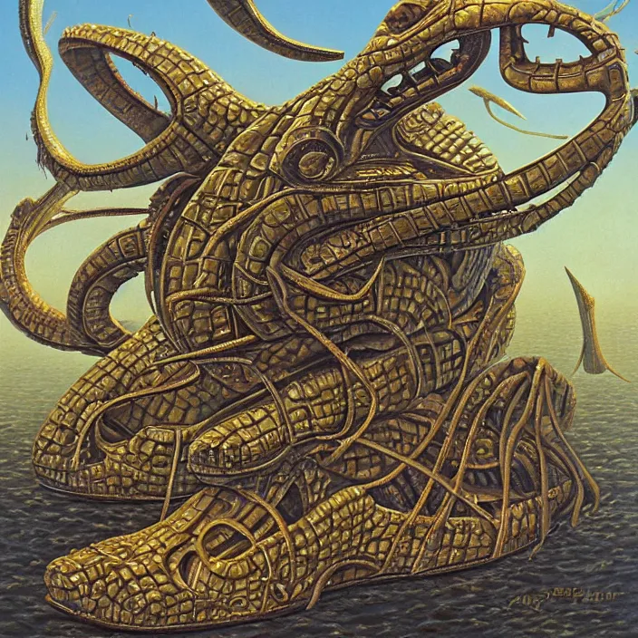 Prompt: a painting of a cross between reese's puffs and croc shoes by h. r. giger and vladimir kush, digital art